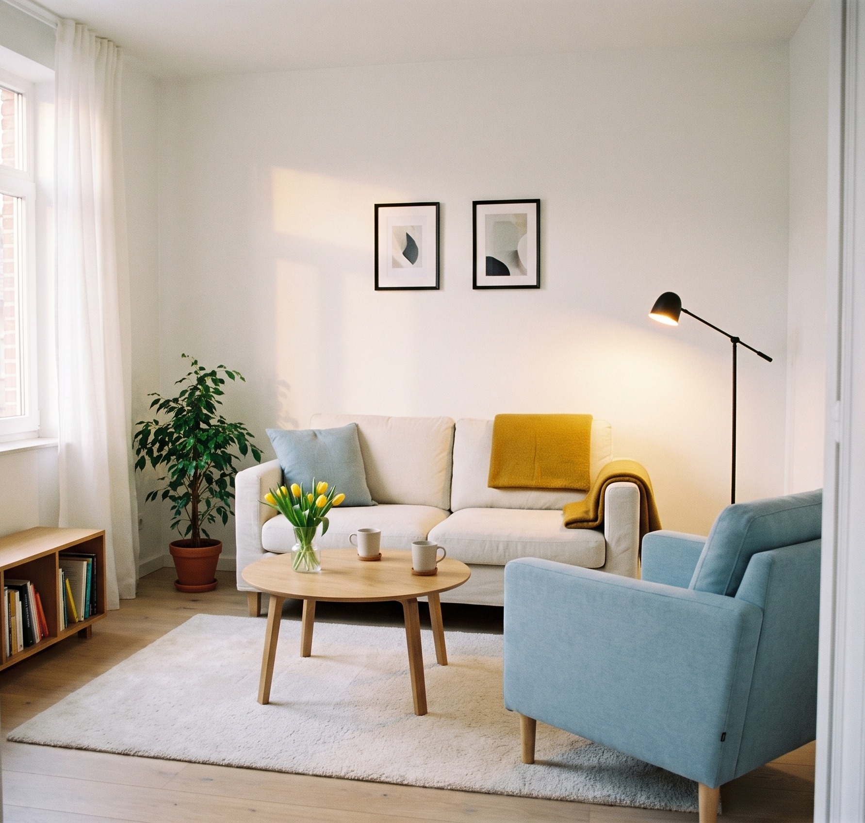 De praktijkruimte met een tweezitsofa en een blauwe zetel