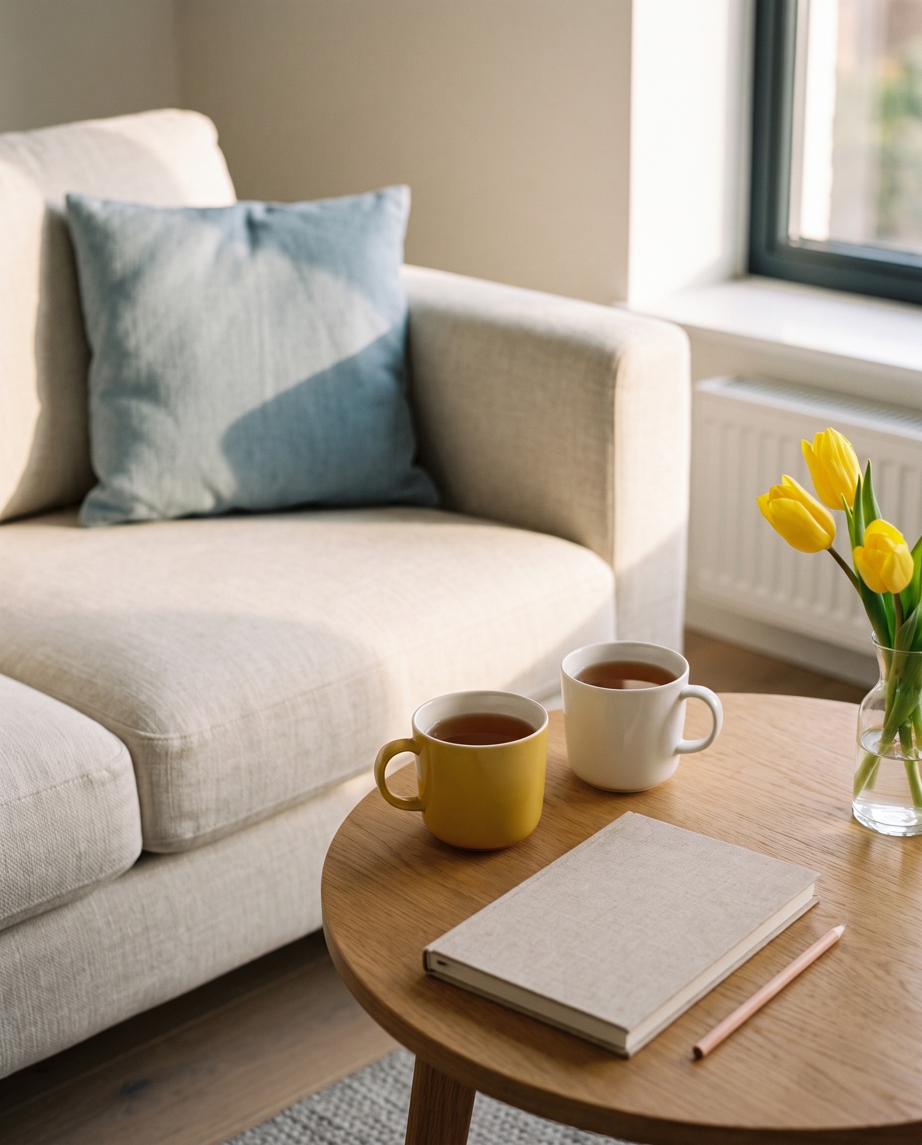Twee mokken thee en een notitieboek op een ronde houten tafel